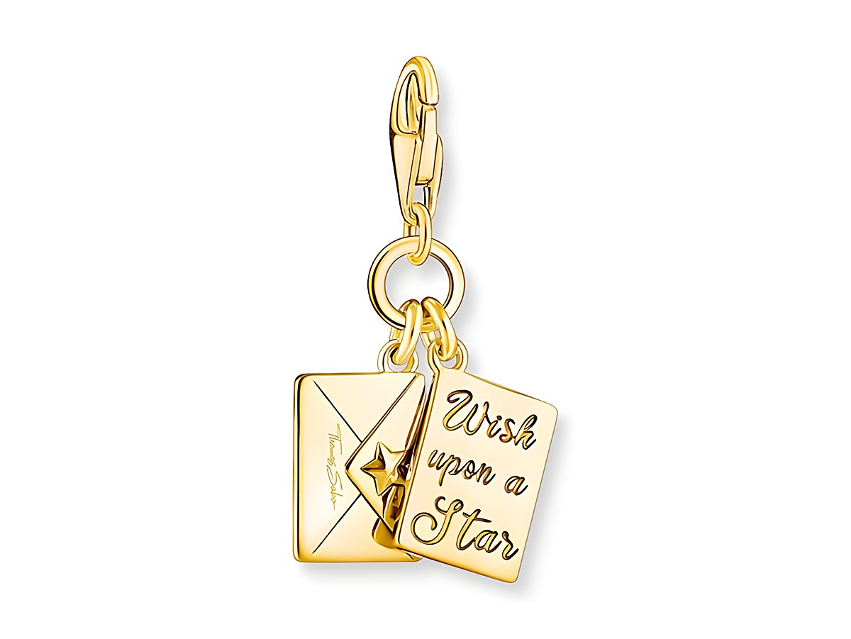 Charm-Anhänger von Thomas Sabo in Silber mit veredelt mit Gelbgold und Zirkonia, zeigt einen Briefumschlag und eine Karte mit der Aufschrift Wish upon a Star. – Ansicht 2