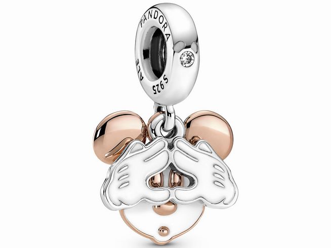 780112000-0 Pandora Disney Micky Maus Doppelanhänger aus Silber und roségoldvergoldetem Metall mit charakteristischen Ohren, Händen und einem zentralen Micky Maus Gesicht, stilvoll und verspielt.