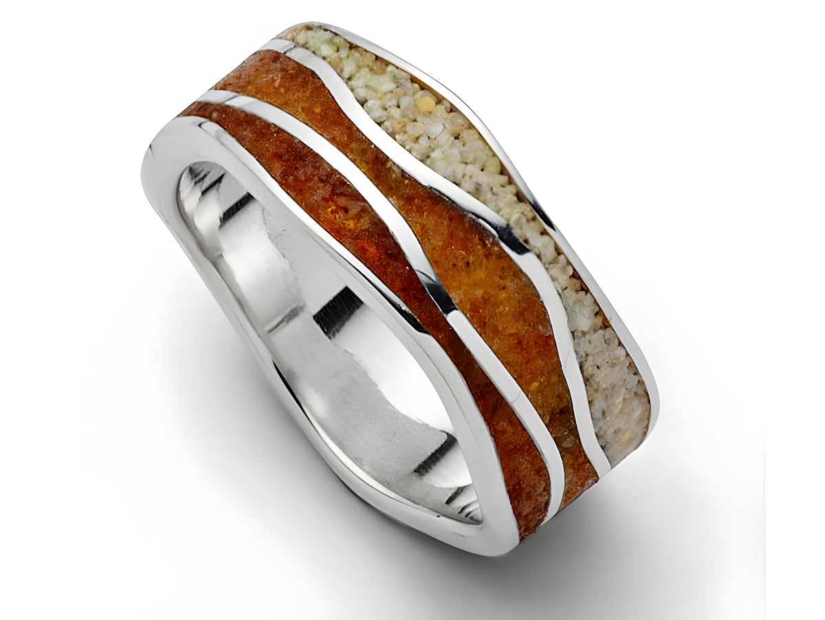 Sterling Silber Ring mit Strandwellen-Design, verziert mit Strandsand und Bernstein in Größe 52, Hersteller DUR, elegant und zeitlos, ideal für jeden Anlass.