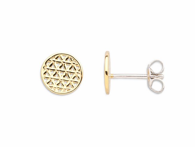 Xenox Sterling Silber Ohrringe XS2911G in Gelbgold vergoldet mit der Blume des Lebens, stilvolles Ohrschmuckdesign, elegante Kreisform mit feinem Muster.