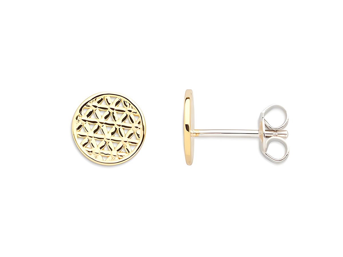 Xenox Sterling Silber Ohrringe XS2911G in Gelbgold vergoldet mit der Blume des Lebens, stilvolles Ohrschmuckdesign, elegante Kreisform mit feinem Muster.