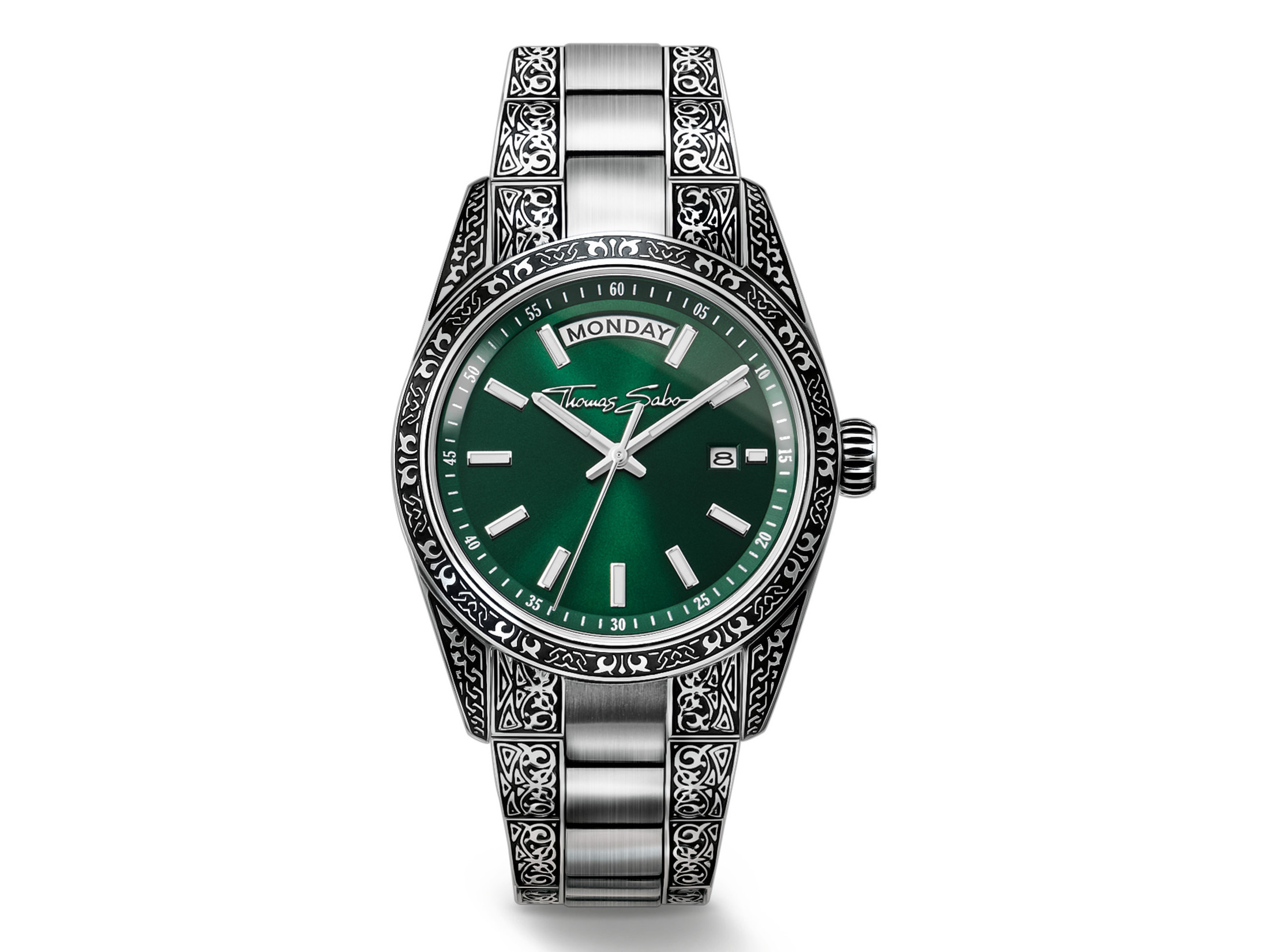 Thomas Sabo Uhr WA0426-201-201-36 mm - Rebel at Heart Revive mit dunkelgrünem Ziffernblatt, elegantes Design, verziert mit filigranen Mustern auf dem Armband. Neuheit von Pandora.