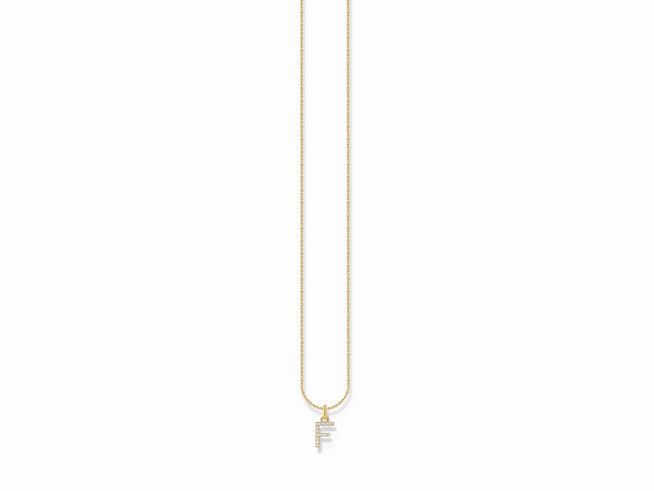 Kette von Thomas Sabo aus Silber mit vergoldeter Oberfläche, versehen mit einem Buchstaben F und Zirkonia in Weiß, verstellbar von 38 bis 45 cm.