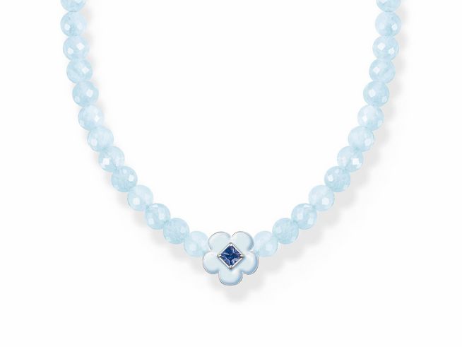 Silberner Thomas Sabo Choker mit blauen Glas-Keramik Steinen und einer blauen Blumenapplikation in der Mitte, Länge von 34 bis 42 cm, elegantes Design für jeden Anlass.