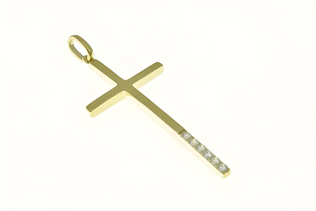 Kreuz Anhänger aus Sterling Silber, gelbgold vergoldet, verziert mit Zirkonia-Steinen, Hersteller Juwelier Harnisch.