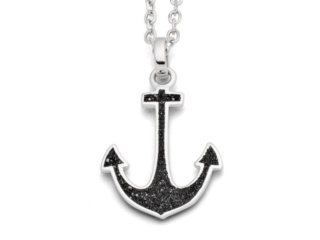 DUR Anhänger Hoffnung bestehend aus Sterling Silber in Form eines Ankers, verziert mit schwarzem Glitzer, hängt an einer silbernen Kette und symbolisiert Stabilität und Hoffnung.