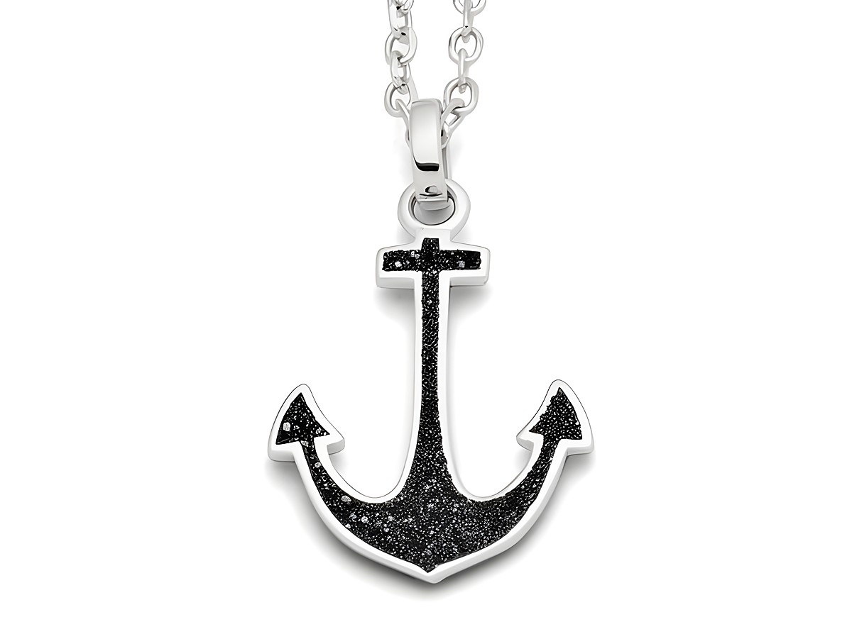 DUR Anhänger Hoffnung bestehend aus Sterling Silber in Form eines Ankers, verziert mit schwarzem Glitzer, hängt an einer silbernen Kette und symbolisiert Stabilität und Hoffnung.