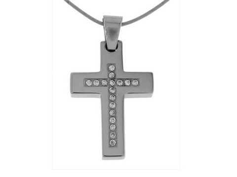 Edelstahl Anhänger in Form eines Kreuzes, mit Steinen besetzt, hergestellt von Juwelier Harnisch, elegantes Design für Männer und Frauen. Ideal als Geschenk oder für den eigenen Schmuck.