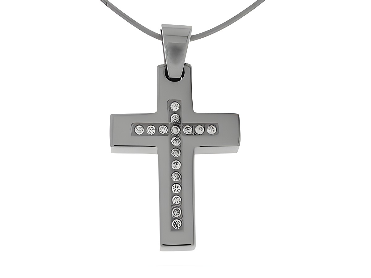 Edelstahl Anhänger in Form eines Kreuzes, mit Steinen besetzt, hergestellt von Juwelier Harnisch, elegantes Design für Männer und Frauen. Ideal als Geschenk oder für den eigenen Schmuck.