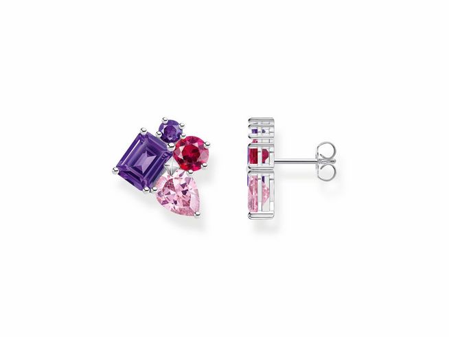 Ohrstecker von Thomas Sabo in Silber mit violetten und pinken Glas-Keramik Steinen sowie synthetischem Korund und Zirkonia, glamourös und elegant.