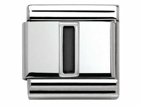 Edelstahl Charm von Nomination Classic SilverShine mit schwarzem Emaille-Einsatz und schlichten Linien für individuelle Buchstabenprägung, Modellnummer 330201 09.