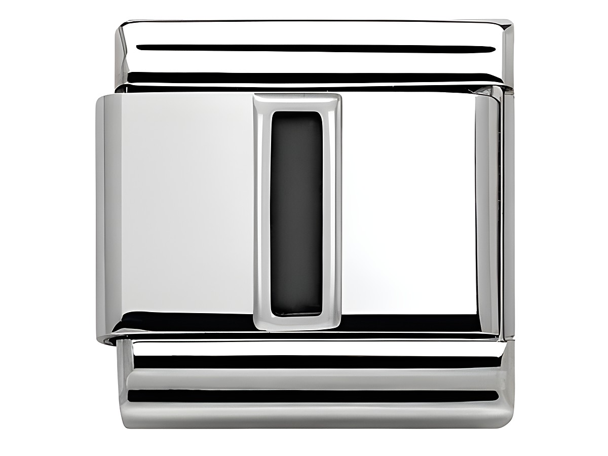 Edelstahl Charm von Nomination Classic SilverShine mit schwarzem Emaille-Einsatz und schlichten Linien für individuelle Buchstabenprägung, Modellnummer 330201 09.