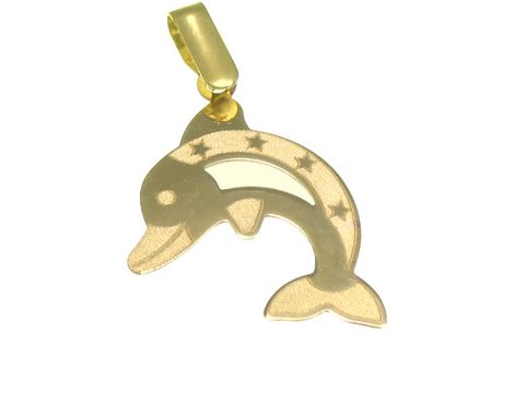 Kinderschmuck aus Gold 375 Anhänger in Form eines Delfins mit Sternen, Hersteller Juwelier Harnisch, ideal für Tierliebhaber und als besonderes Geschenk.