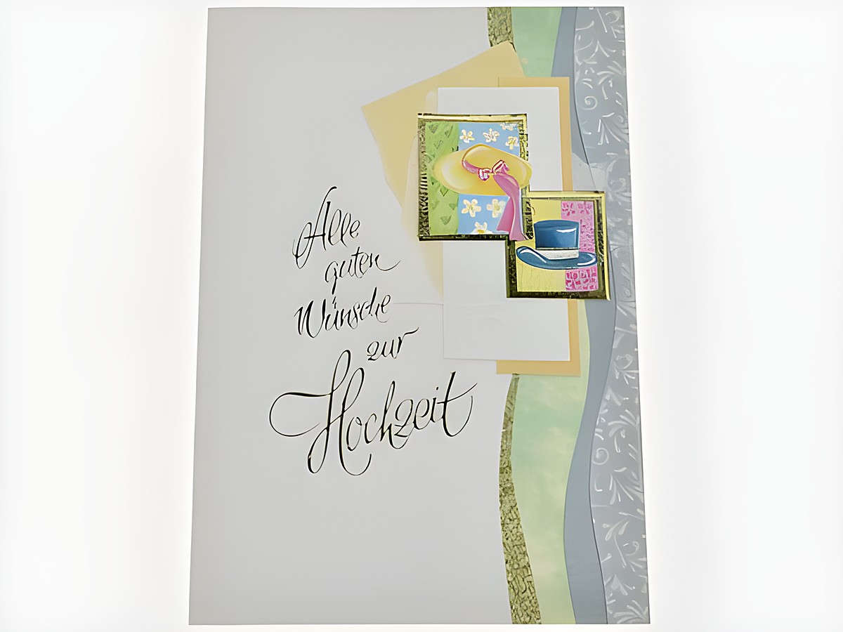 Hochzeitskarte von Juwelier Harnisch mit bunten Hüten und einer Tasse, verziert mit eleganten Mustern und dem Schriftzug Alle guten Wünsche zur Hochzeit.