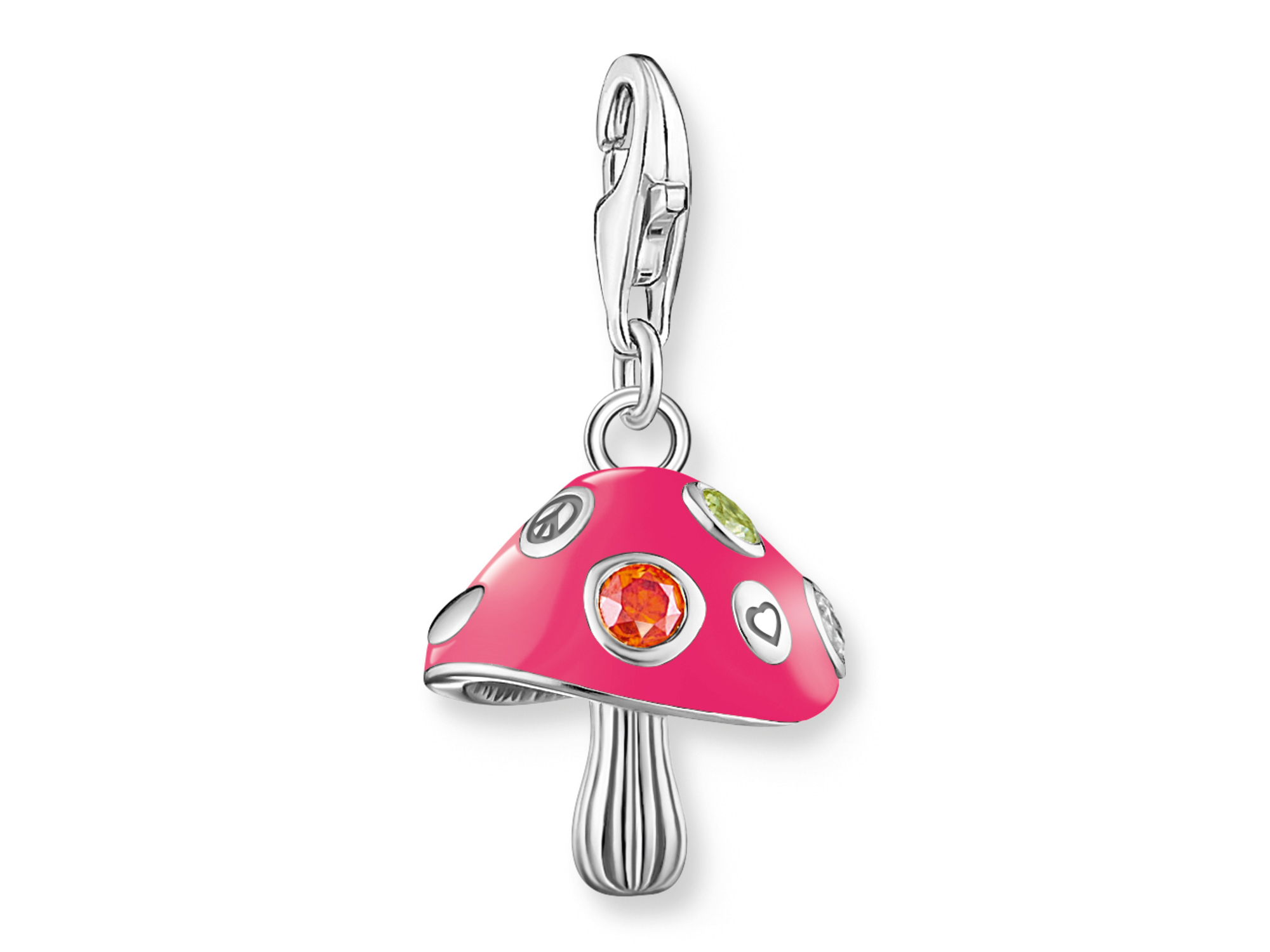 Thomas Sabo Charm-Anhänger in Form eines bunten Pilzes aus Silber mit pinkem Hut und bunten Strasssteinen. Attraktives Design für einen besonderen Akzent in der Schmuckkollektion.