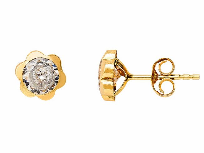 Gelbgold 585 Ohrstecker von Xenox mit polierter Oberfläche und Zirkonia, in Blumenform gestaltet, ideal für eleganten Schmuck, perfekt zum Kombinieren für verschiedene Anlässe.