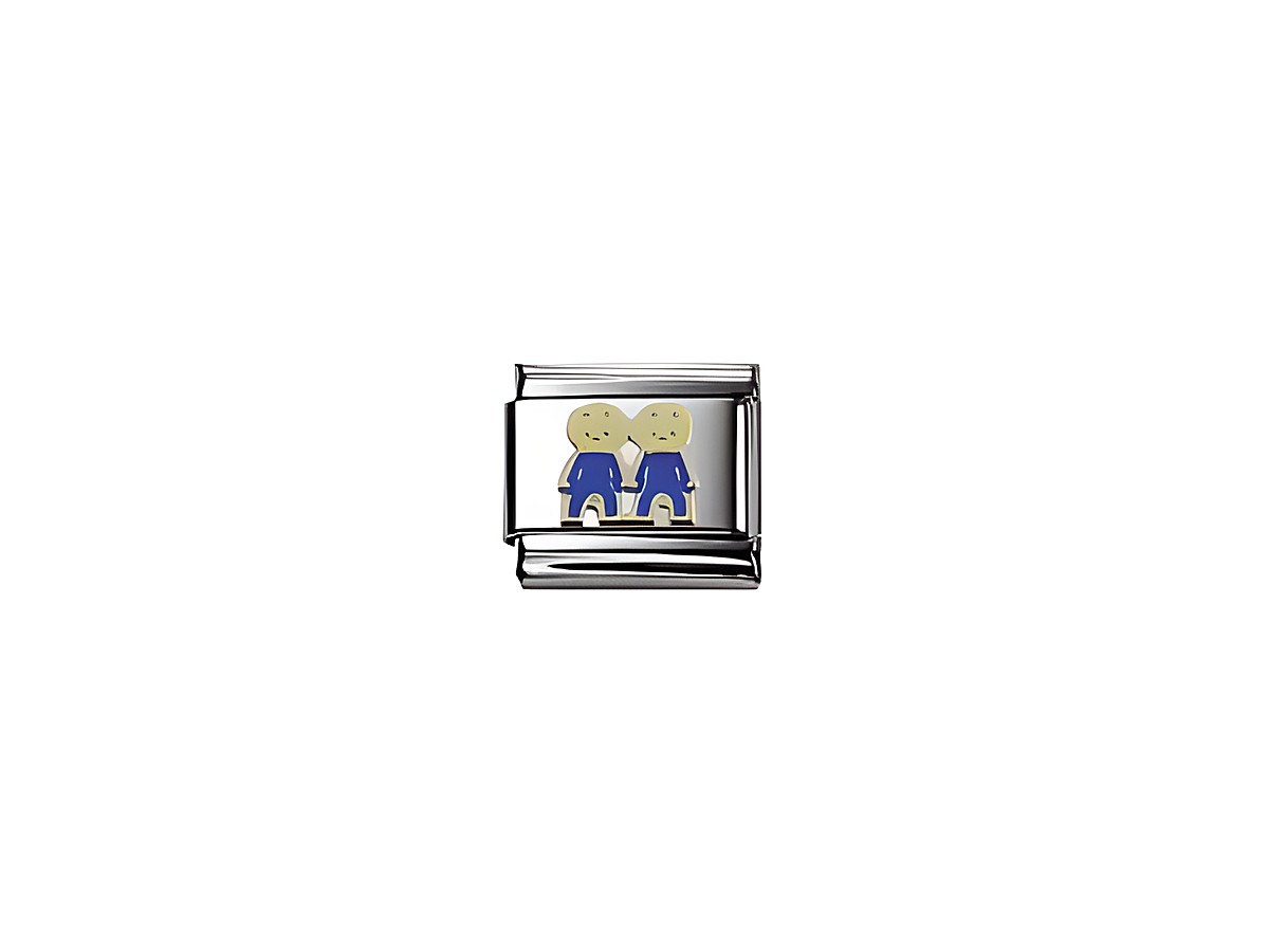 Emaillierter Nomination Classic FUN Bruder Charm mit zwei Figuren in blauen Anzügen, hergestellt von Nomination, ideal als individuelles Schmuckstück für Geschwister.