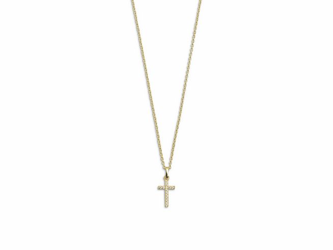 Xenox Sterling Silber Kette XS3522GK in Gelbgold vergoldet mit funkelndem Kreuzanhänger an einer Ankerkette, verstellbare Länge von 40 bis 45 cm.