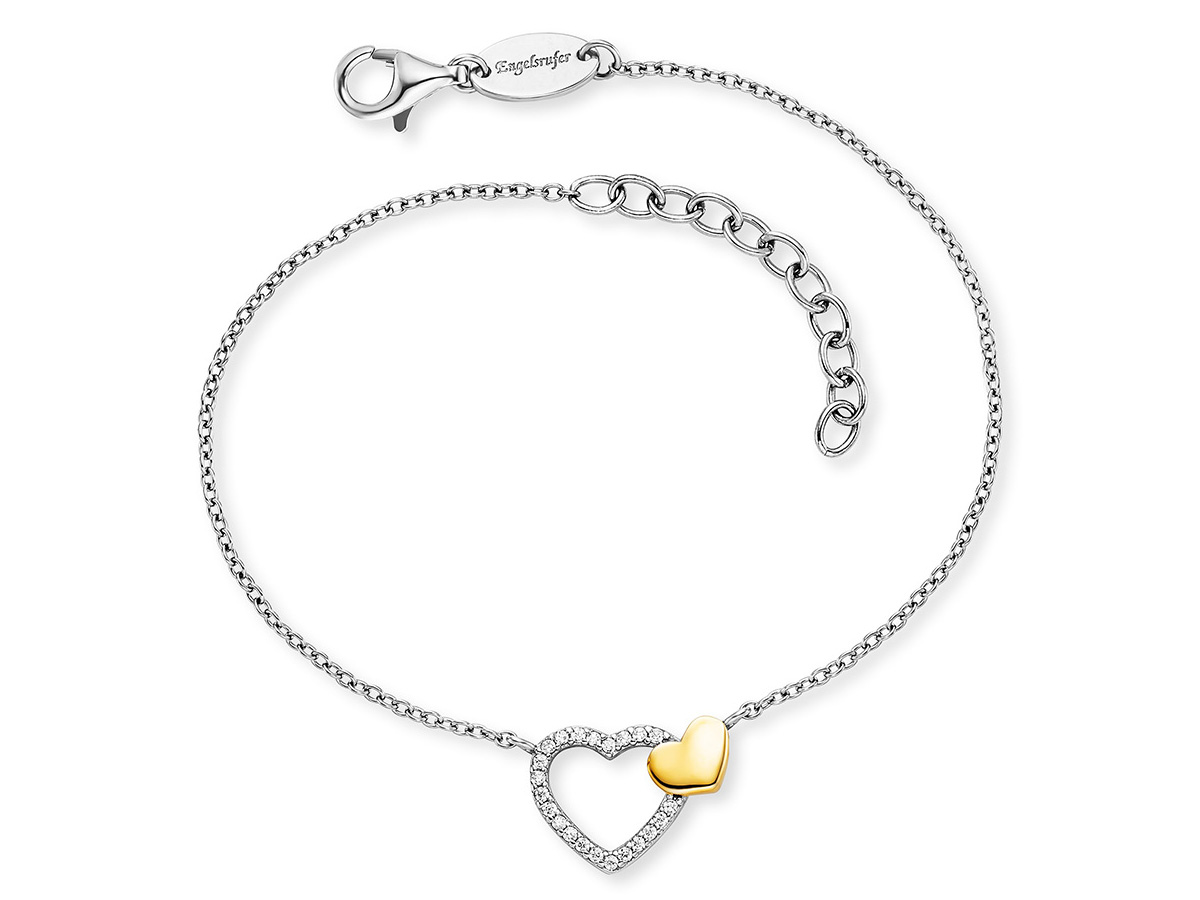 Bicolor Armband aus Silber mit zwei Herzen, eines besetzt mit Zirkonia, das andere in goldfarbener Optik, verstellbare Länge von 17 bis 20 cm. Ideal für romantische Anlässe.