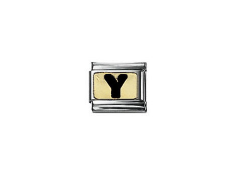 Der NOMINATION Classic SCHWARZE Buchstabe Y 030264 25 ist eine schwarz emaillierte Buchstabeneinlage in einem silberfarbenen Rahmen, ideal für personalisierte Armbänder.