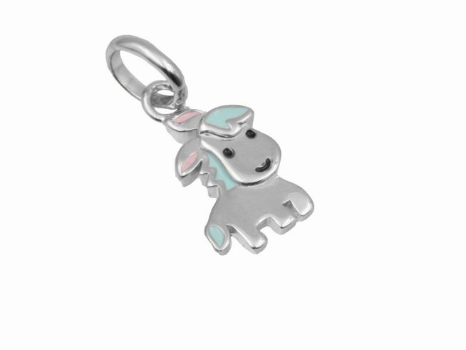 Eselchen aus 925 Sterling Silber, poliert und rhodiniert, mit fröhlichem Gesicht und buntem Haar, idealer Anhänger für Kinder, Hersteller Juwelier Harnisch.