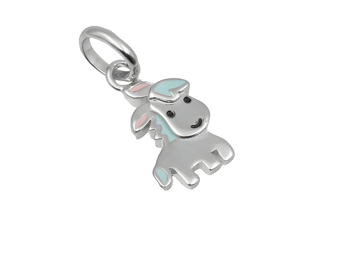 Eselchen aus 925 Sterling Silber, poliert und rhodiniert, mit fröhlichem Gesicht und buntem Haar, idealer Anhänger für Kinder, Hersteller Juwelier Harnisch.
