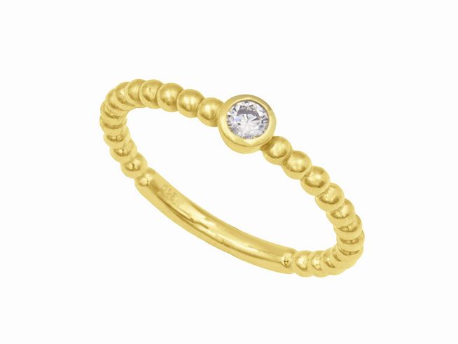 Ring aus Gelbgold mit Kugeln und einem kleinen, funkelnden Stein in der Mitte, Größe 58, verarbeitet aus Sterling Silber mit vergoldeter Oberfläche. Ideal als Schmuckstück für eleganten Stil.