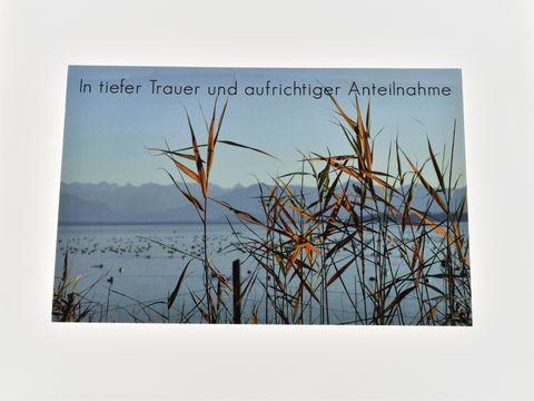 Eine Trauerkarte mit einem Blick auf einen stillen See, umgeben von Schilfrohr. Im Hintergrund sind sanfte Berge zu sehen, der Himmel ist klar und zeigt eine ruhige, friedliche Atmosphäre.