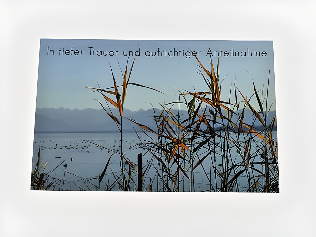 Eine Trauerkarte mit einem Blick auf einen stillen See, umgeben von Schilfrohr. Im Hintergrund sind sanfte Berge zu sehen, der Himmel ist klar und zeigt eine ruhige, friedliche Atmosphäre.