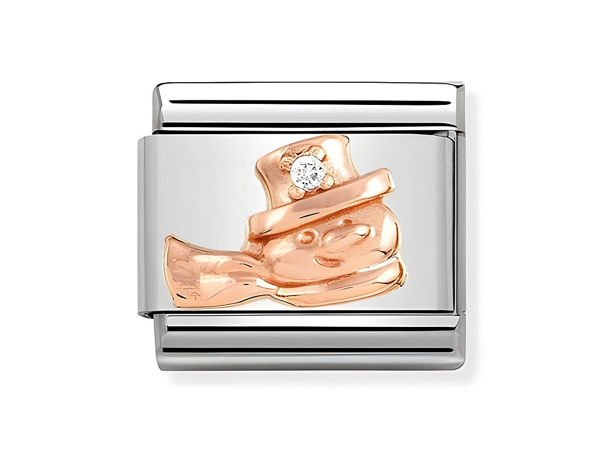 Schneemann aus Edelstahl und Roségold mit Zirkonia, darstellt einen fröhlichen Schneemann mit einem Hut auf silberner Basis, ideal als Charms für individuelle Schmuckkreationen.