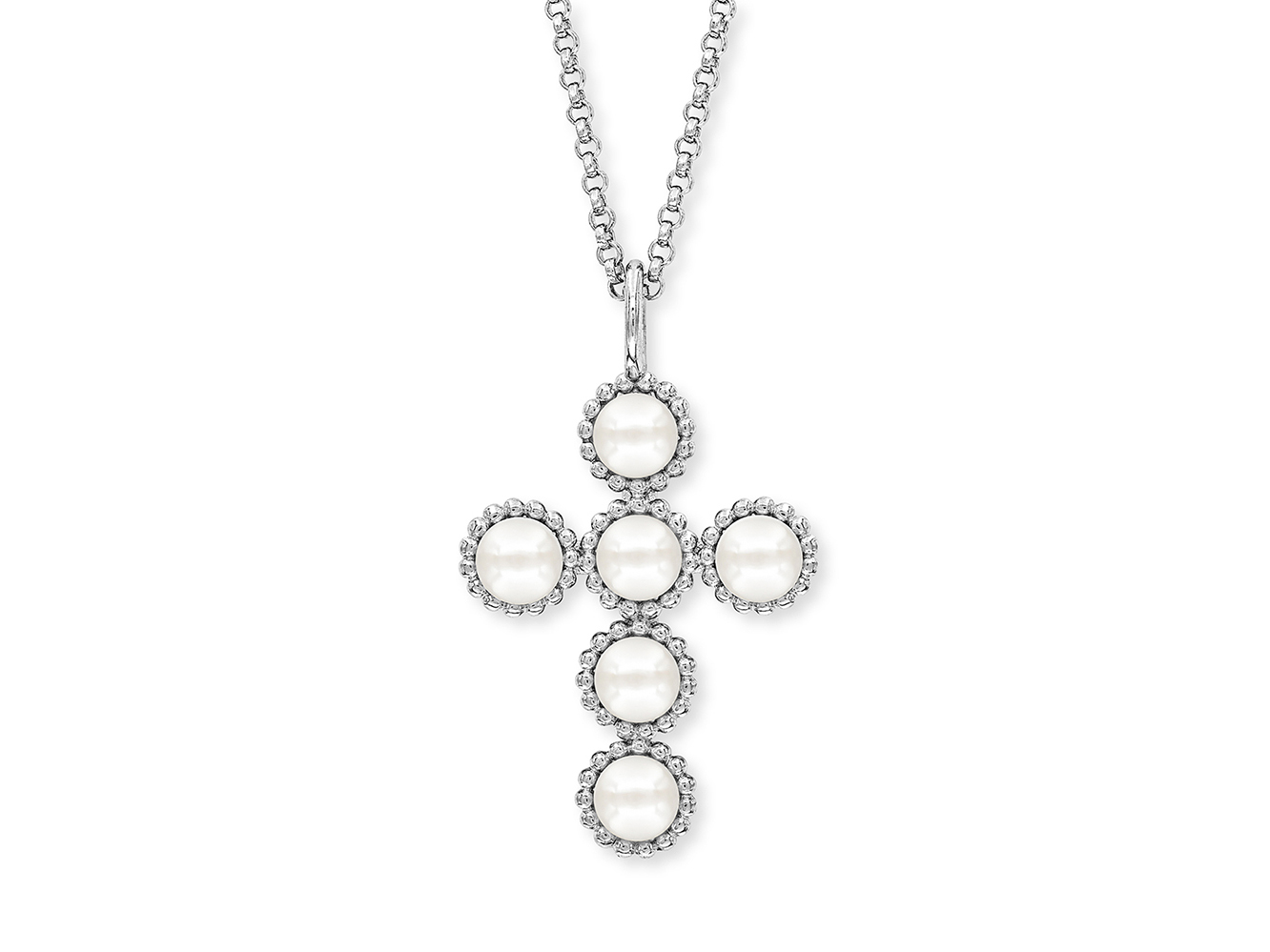 Kette von Engelsrufer mit Kreuzanhänger, verziert mit Muschelkernperlen in Weiß und rhodiniertem Silber, Gesamtlänge 42 cm. Elegantes Schmuckstück für besondere Anlässe.
