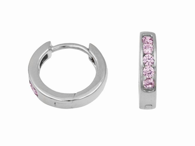 Creolen aus modernem Sterling Silber, rhodiniert, mit zauberhaften rosa Zirkonia, Hersteller Juwelier Harnisch, Durchmesser bis 15 mm.