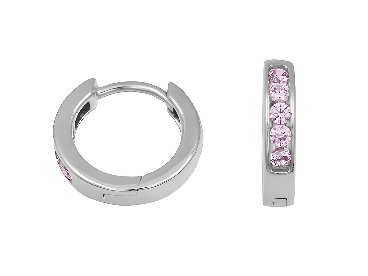 Creolen aus modernem Sterling Silber, rhodiniert, mit zauberhaften rosa Zirkonia, Hersteller Juwelier Harnisch, Durchmesser bis 15 mm.