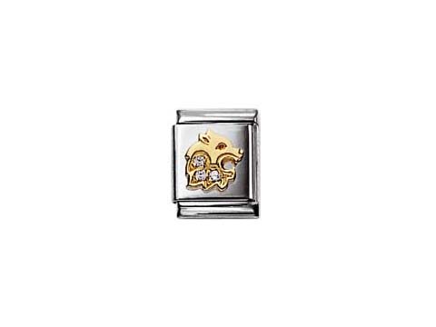 Zirkonia Löwe von Nomination, gefertigt aus Edelstahl mit goldfarbener Löwen-Optik, ideal für Zodiac-Armbänder, symbolisiert das Sternzeichen Löwe. Design ist elegant und zeitgemäß.