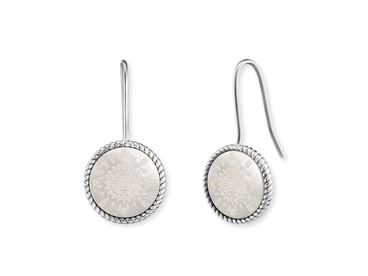 Engelsrufer ERE-ORNAWINDR-PE WINDROSE Ohrhänger aus rhodiniertem Silber mit einem runden Perlmutt-Design in 12 mm, geschmackvolles, elegantes Schmuckstück.