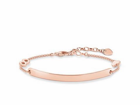 Silbernes Armband von Thomas Sabo in vergoldetem Roségold, Modell LBA0100-415-12-L19v, mit schlanker, glänzender Platte und feiner Kette, verstellbar von 14 bis 19 cm.