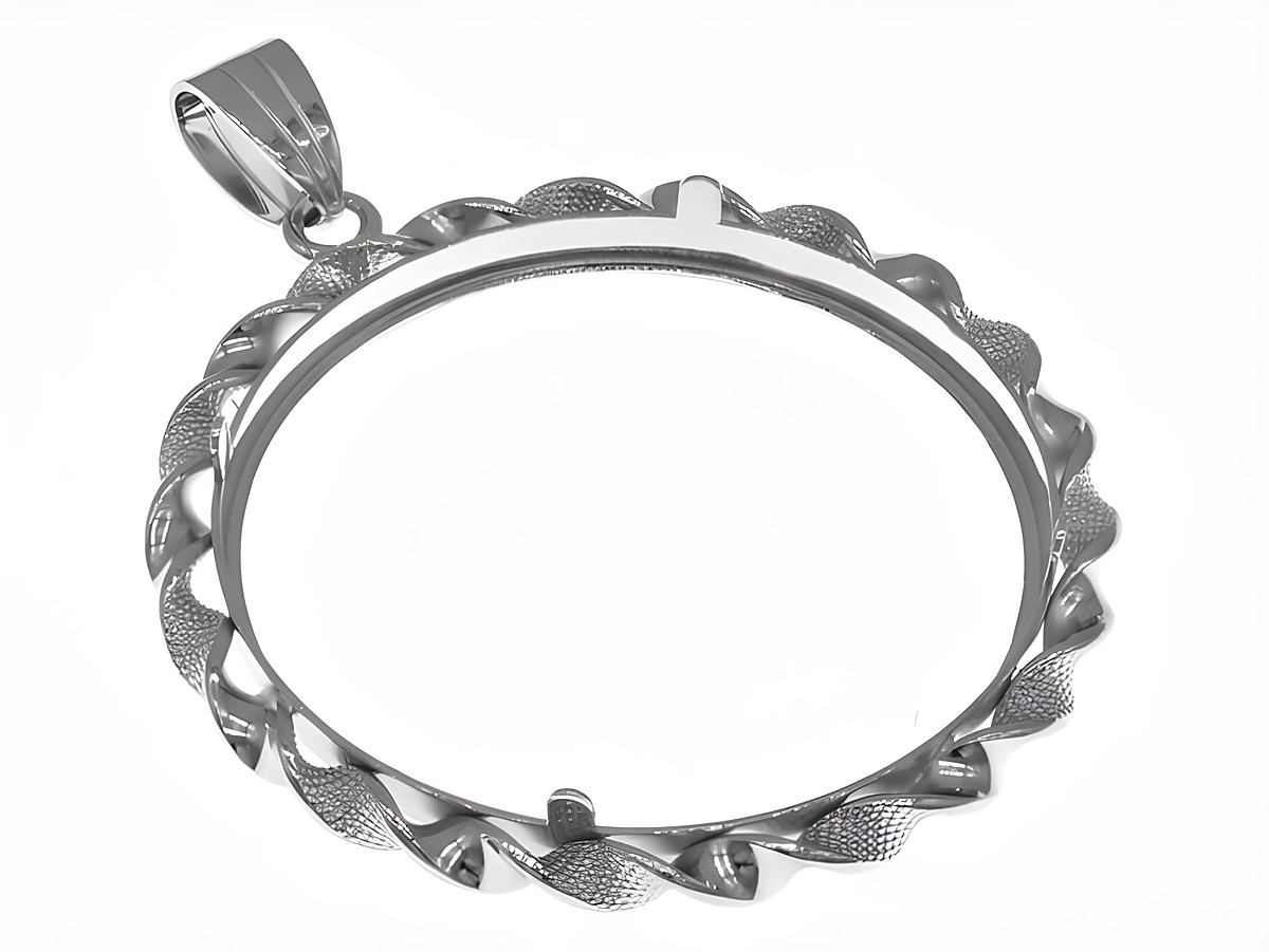 Münzfassung Anhänger aus rhodiniertem 925 Sterling Silber mit einer maximalen Münzgröße von 34 mm. Elegantes Design mit gewelltem Rand, ideal für Anhänger oder Ketten. – Ansicht 2
