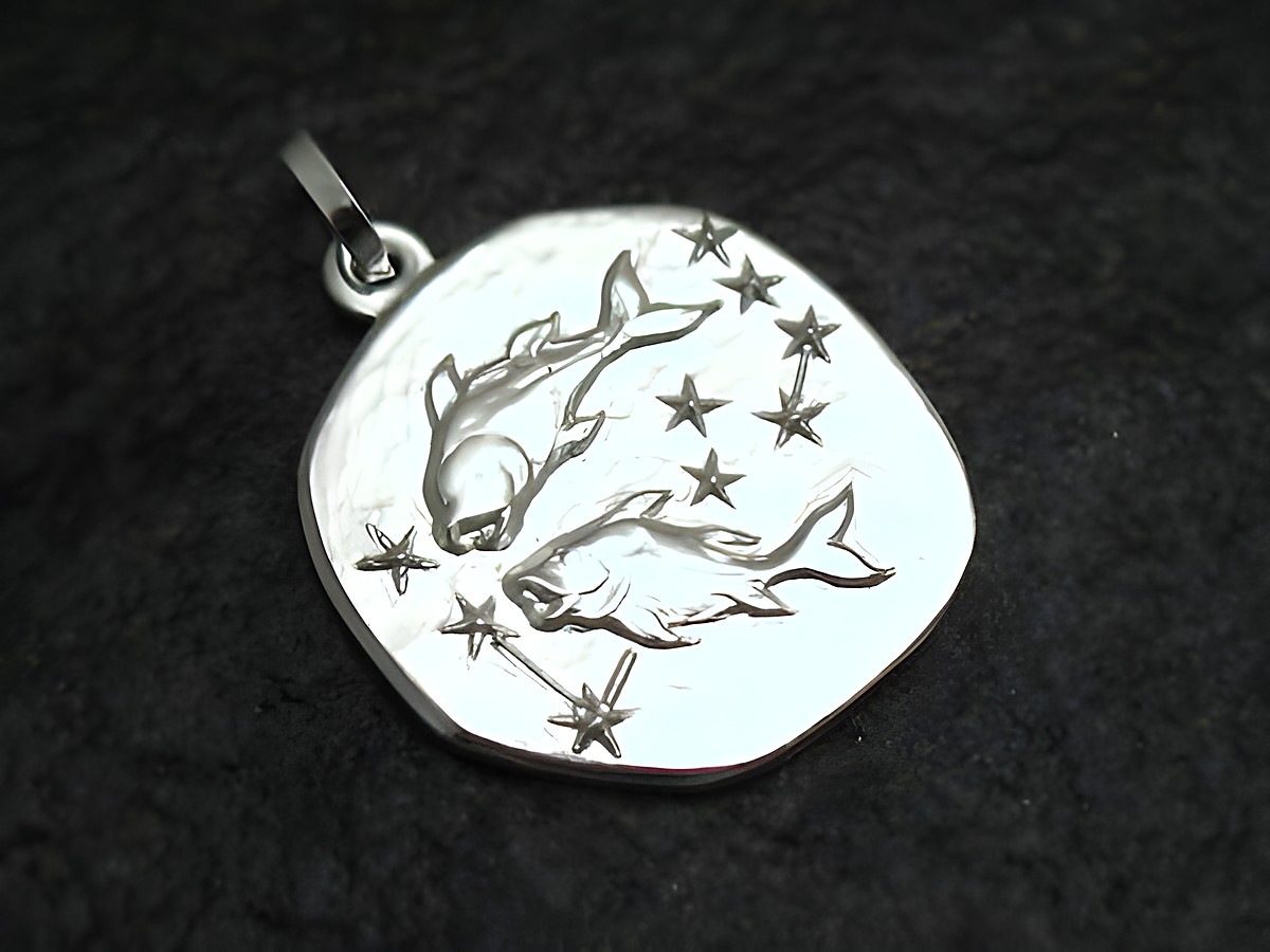 Fische Sternzeichen Anhänger aus Sterling Silber rhodiniert, von Juwelier Harnisch, mit zwei stilisierten Fischen und Sternen verziert, symbolisiert das Sternzeichen Fische.