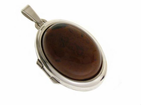 Mahagoni Obsidian Medaillon Cabochon aus Sterling Silber rhodiniert, vom Hersteller Juwelier Harnisch, zeigt einen ovalen, dunklen Stein in hochwertiger, glänzender Fassung.