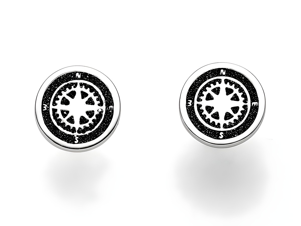 DUR Ohrringe Kompass O5040 aus Sterling Silber mit filigranem Kompassdesign und eingravierten Himmelsrichtungen in Schwarz und Silber, ideal für modebewusste Träger.