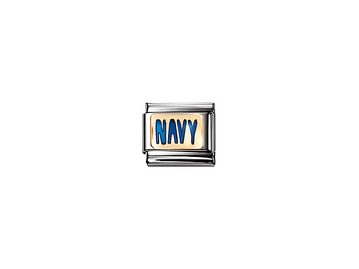 Ein emaillierter Charm von Nomination mit der Aufschrift NAVY in blauer Schrift auf einem weißen Hintergrund, umgeben von einem silbernen Rahmen.