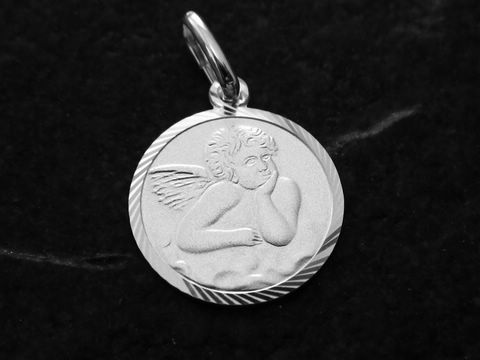 Sterling Silber Anhänger in Form eines Schutzengels, detailreich mit geflügeltem Engel dargestellt, von Juwelier Harnisch, glänzende Oberfläche und geschwungene Kante.