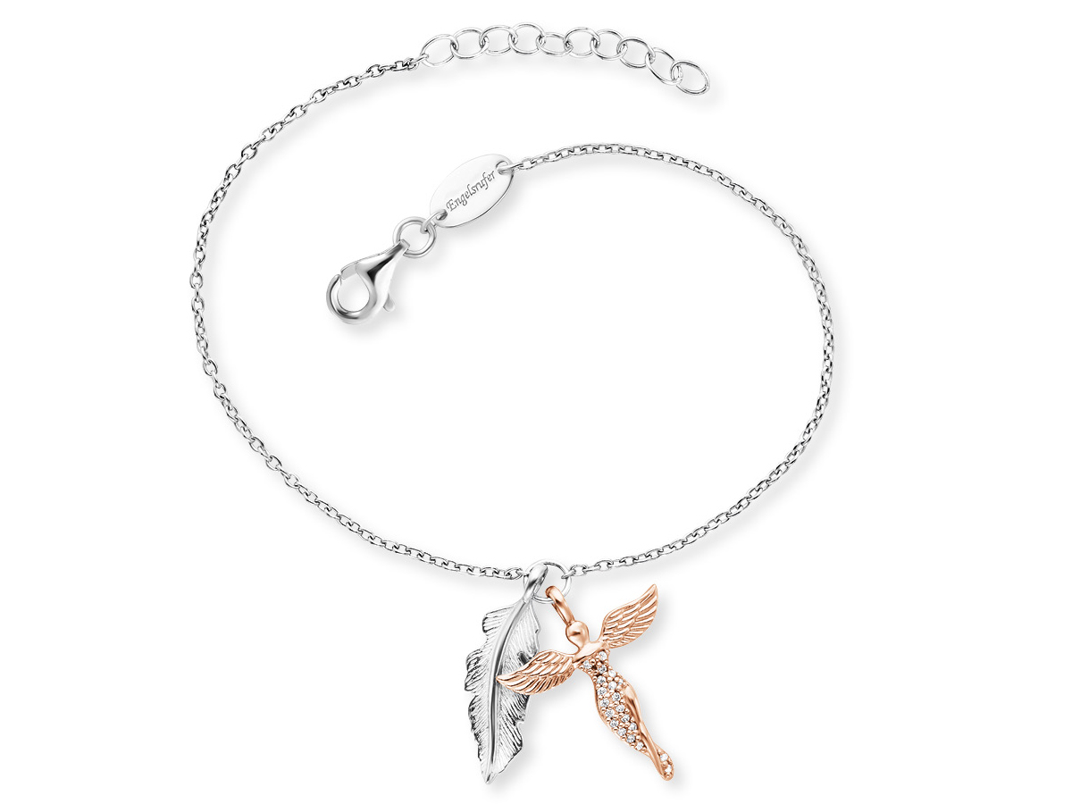 Bicolor Armband von Engelsrufer mit Anhängern in Form einer Feder und eines Engels, gefertigt aus rhodiniertem Silber und Zirkonia, Größe 17 cm, elegantes Design für besondere Anlässe.