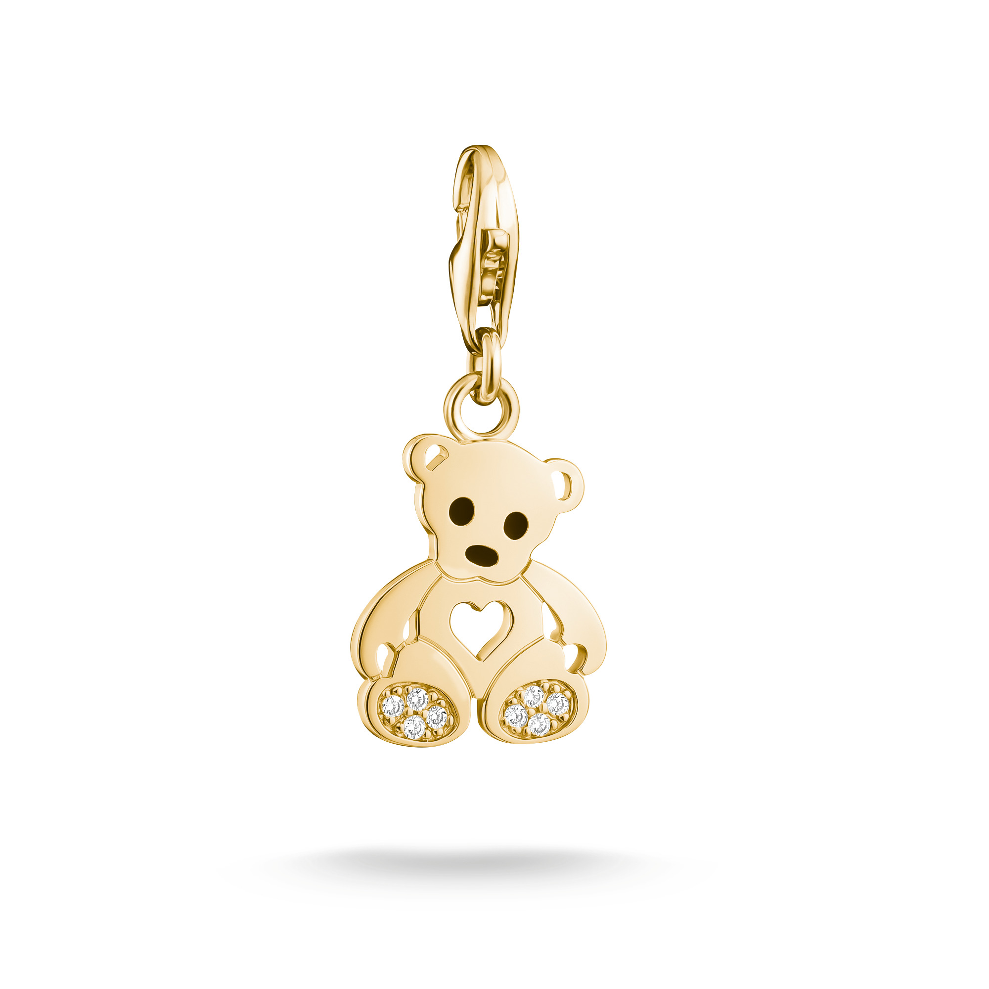 Thomas Sabo Charm Teddybär aus 18k Gelbgold Vergoldung mit Zirkonia und Kaltemail, verspieltes Design mit Herz und funkelnden Elementen, ideal als Anhänger für Schmuckstücke.