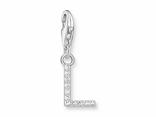 Silberner Charm-Anhänger von Thomas Sabo in Form des Buchstabens L, verziert mit funkelnden weißen Zirkonia, ideal zum Anhängen an Armbänder oder Halsketten.