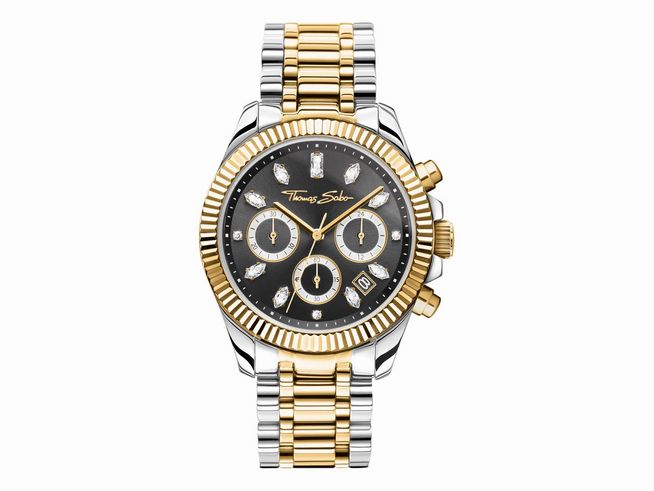 56972298-0 Thomas Sabo Damenuhr WA0398-291-201-38 MM aus Edelstahl vergoldet in silberfarben mit schwarzem Zifferblatt, Chronograph mit drei Ziffernblättern und Diamant-Applikationen.