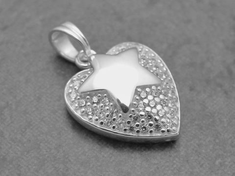 Herz mit Stern aus Sterling Silber, verziert mit weißen Zirkonia, bezauberndes Design, Hersteller Juwelier Harnisch, Perlen und Steine.