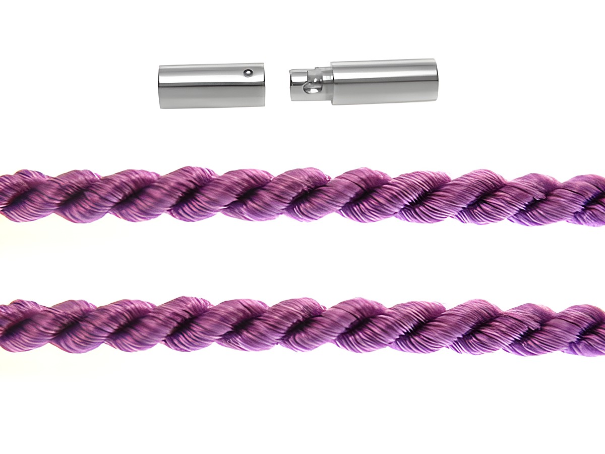 Kordel gedreht 115 cm in lila mit einem Durchmesser von 2 mm und Silber Bajonett, Hersteller Juwelier Harnisch, ideal für Schmuckdesign und kreative Bastelprojekte.