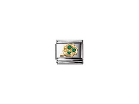 Zirkonia Glücksklee von Nomination, klassisches Design mit grünem Zirkonia und goldfarbenen Akzenten, ideal für Armbänder, elegantes und symbolträchtiges Schmuckstück.