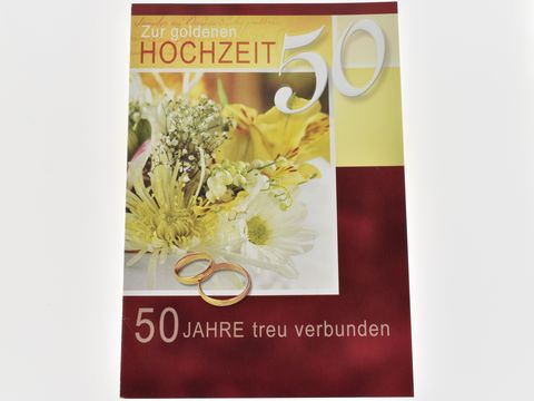 Hochzeitskarte zur goldenen Hochzeit mit floralen Elementen und zwei Ringen, Hersteller Juwelier Harnisch, für 50 Jahre treu verbunden.